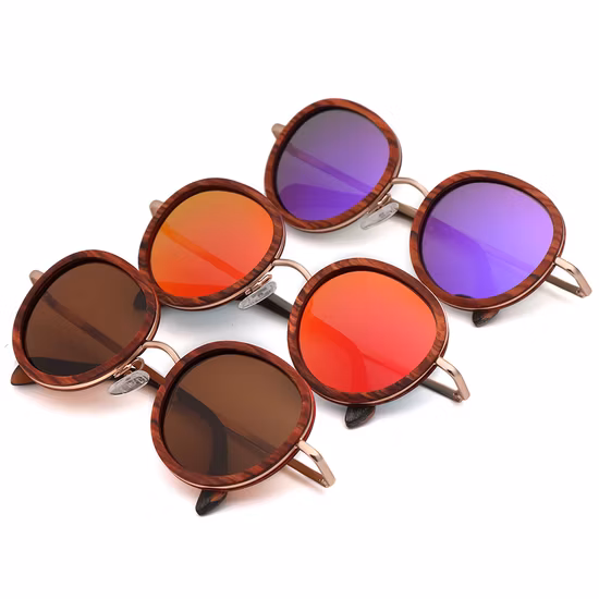 Metal and Wooden Combination Oval Frame Tac with Mirror UV400 Sunglasses